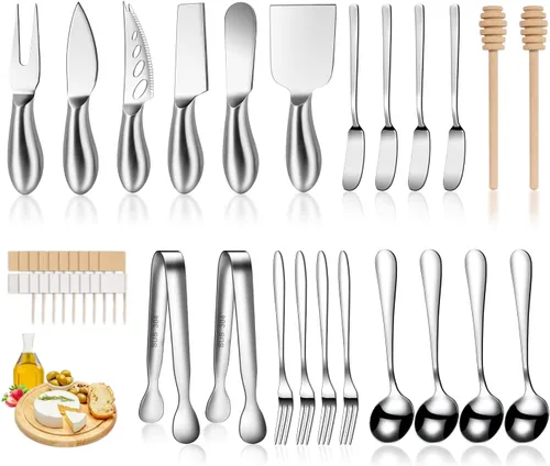 Juego de cuchillos de queso plateado para accesorios de tabla de charcutería, cortador de queso de acero inoxidable y cuchillos esparcidores de