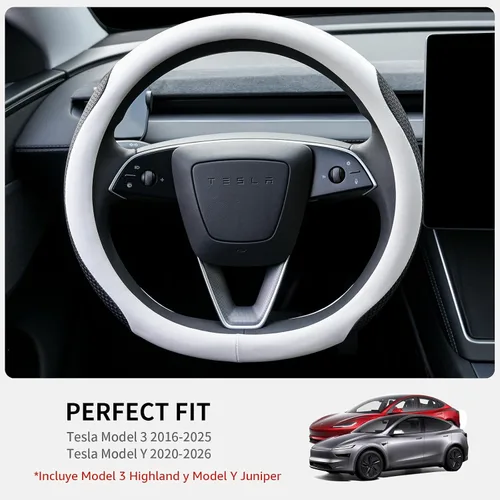 Miniatura 2 de Uxcer Funda de cuero prémium para volante de Tesla Model 3/Y 2016-2025 2026 Juniper/Highland, antideslizante, transpirable, protector de volante