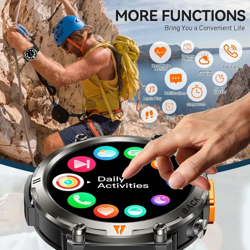 Miniatura 9 de Foxhawk Reloj inteligente militar para hombre, 1.45 pulgadas, resistente GPS, reloj inteligente táctico con brújula linterna LED, reloj de fitness