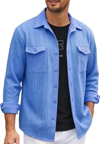 Miniatura 34 de Camisas con botones para hombre, casual, de manga larga, con cuello jacquard, texturizada, ligera, sobrecamisa, sobrecamisa