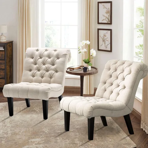 Miniatura 4 de Silla decorativa moderna para dormitorio, sala de estar, silla lateral tapizada con botones y sin brazos con patas de madera maciza, tela crema