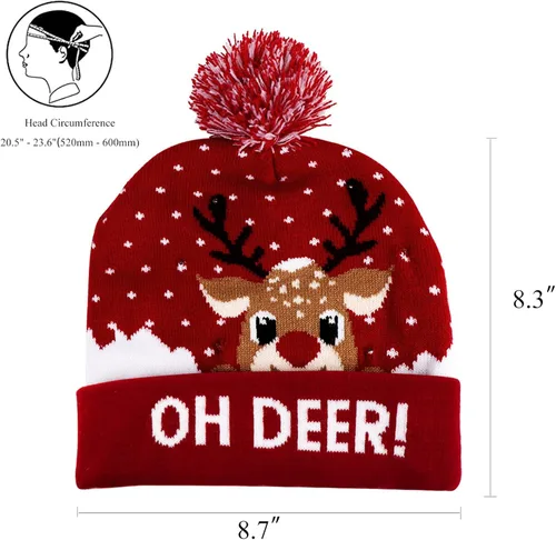Miniatura 2 de LED Christmas Hat Red, Light Up Christmas Hat Beanie Holiday Hat with Cute Deer