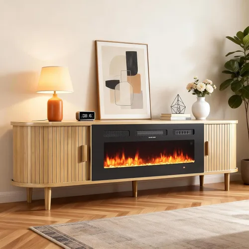 Miniatura 9 de MXV Soporte de TV con chimenea estriada de 70 ″, soporte de TV moderno de mediados de siglo con chimenea de 36 pulgadas para televisores de hasta 80
