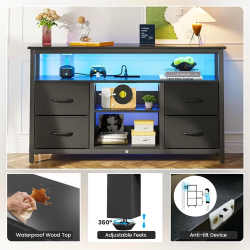 Miniatura 7 de Haewon - Soporte de TV negro con luces LED y tomas de corriente, centro de entretenimiento para TV de 55 pulgadas, mesa de consola de medios con 4