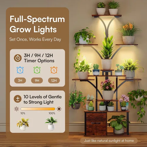 Miniatura 3 de Soporte para plantas de interior de 63 pulgadas con luces de crecimiento, estante de plantas de 10 niveles con cajón, soportes de esquina