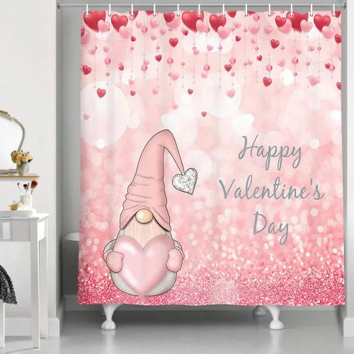 Miniatura 3 de NYMB Cortina de ducha de San Valentín con corazón rosa, romántica con purpurina y lindo gnomo en caída romántica de corazones rojos, cortina