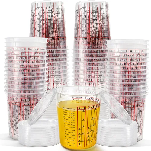 Yesland Paquete de 30 tazas de mezcla de pintura con tapas, 32 onzas de pintura de plástico y vasos de mezcla epoxi con proporciones de mezcla