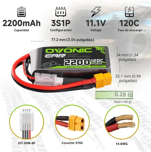 Miniatura 2 de OVONIC 3S - Batería corta LiPo de 11.1 V 2200 mAh 120C con enchufe XT60 para coche RC camión, avión, helicóptero, barco, carreras, pasatiempos RC