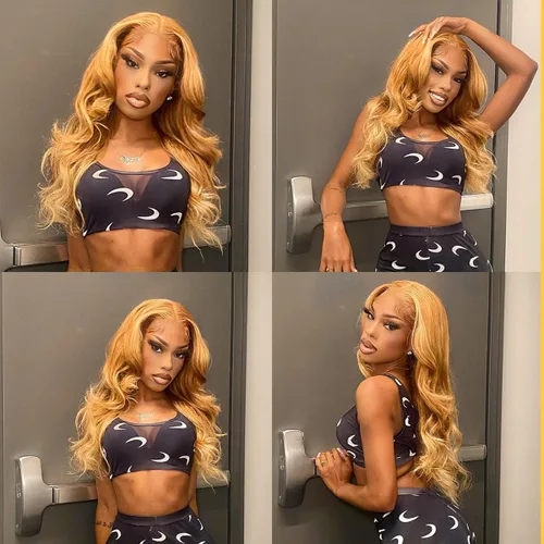 Miniatura 7 de #27 Peluca de encaje frontal rubia miel sin pegamento, onda corporal, pelucas de encaje frontal sintéticas prediseñadas, con línea de cabello #27