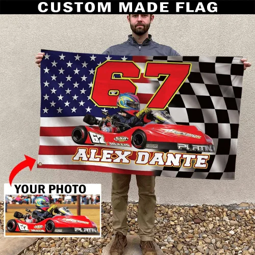 Miniatura 2 de Sprint Car Racing - Foto personalizada, nombre y número de carreras de bandera estadounidense a cuadros para amantes de las carreras de pista