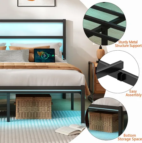 Miniatura 7 de CLIBFENG - Base de cama Queen con cabecera, listones de acero resistentes de apoyo - Base de cama LED con estación de carga USB, fundamento