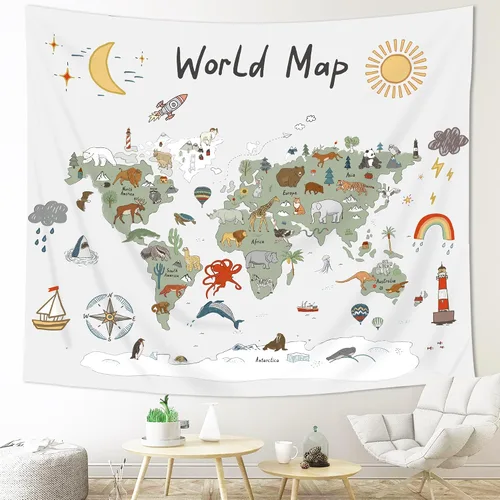 Miniatura 7 de Imirell Tapiz de mapa del mundo para niños, 59 pulgadas de ancho x 51 pulgadas de alto, lindo animal de dibujos animados, herramienta de aprendizaje