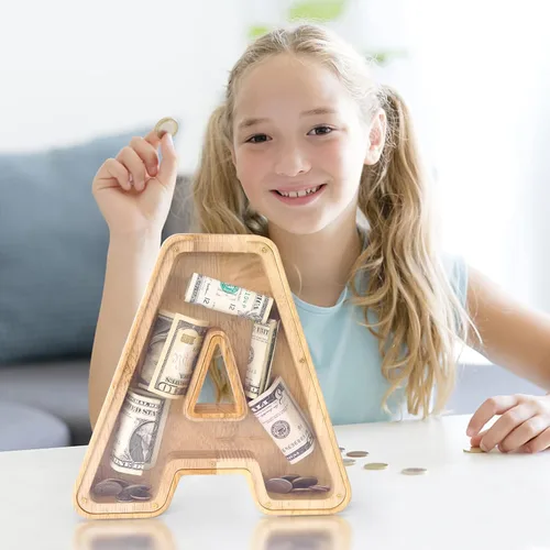 Miniatura 2 de WOOD CITY Alcancía con letras para adultos, niños y niñas, de madera de 9 pulgadas, caja de dinero personalizada, nombre personalizado, regalo