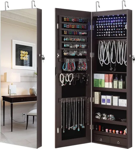 GISSAR Armario de joyería con espejo de longitud completa, 6 luces LED, armario de joyería montado en la pared sobre la puerta, organizador de joyas
