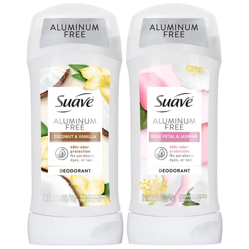 Suave Desodorante sin aluminio, paquete de 2 variedades: coco y vainilla + pétalo de rosa y jazmín, protección contra olores 48H, libre de