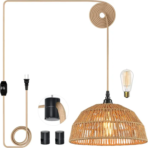 Miniatura 9 de Lámpara colgante enchufable, luces colgantes con cable de algodón dorado de 15 pies e interruptor de atenuación continuo, pantalla de cuerda