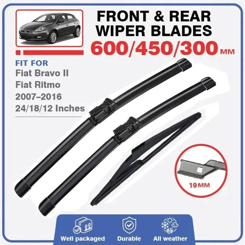 Miniatura 2 de Escobillas de limpiaparabrisas de automóvil compatibles con Fiat Bravo 2 II, Fiat Ritmo 2007-2016, cepillos para parabrisas delantero y trasero