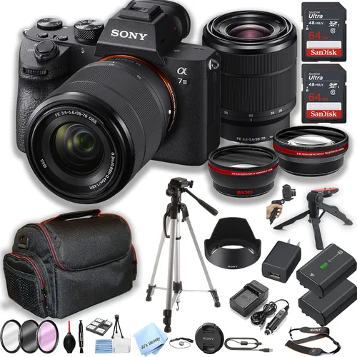 Sony a7 III - Cámara sin espejo con lente de zoom de 28 a 70 mm + 2 piezas de memoria de 64 GB + Estuche + Trípode + Pod de sujeción estable +