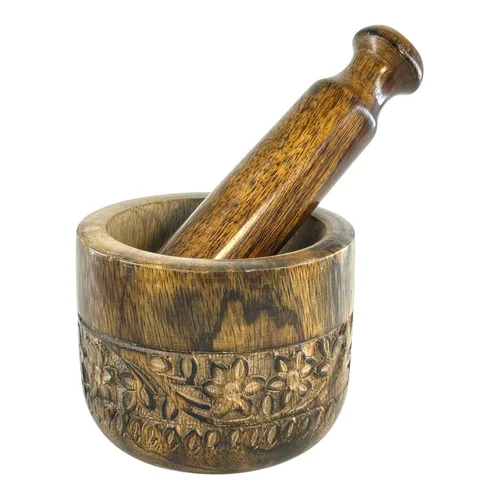Miniatura 10 de Molinillo de especias de mortero y mortero hecho a mano de madera Okhli para hierbas, guacamole, pesto y especias, juego de mortero y mortero