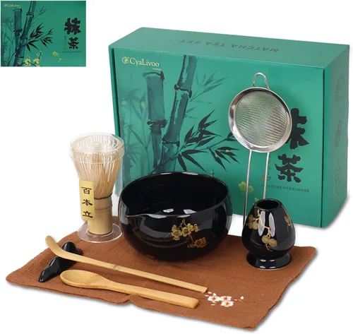 Miniatura 2 de Juego de batidor de matcha, 8 piezas de oro de flor de ciruelo para ceremonia de té japonesa, cuenco de cerámica con boquilla, batidor de bambú