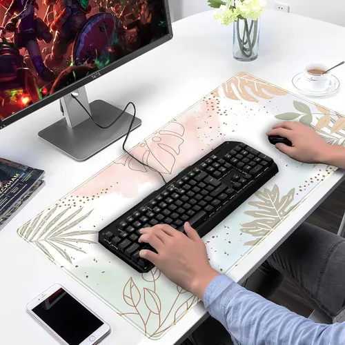 Miniatura 4 de Tapete para teclado bohemio con pintura pastel, tapete para mouse con plantas verdes matcha, accesorios abstractos, tapete de escritorio