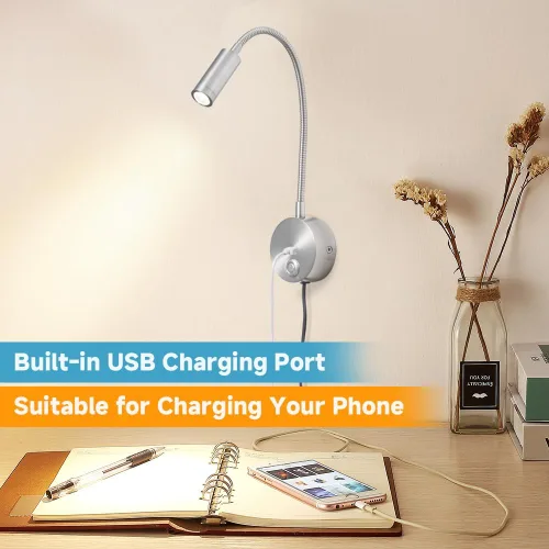 Miniatura 5 de Luz de lectura regulable montada en la pared con puerto de carga USB, luz de lectura LED enchufable, lámparas de pared con cuello de cisne flexible