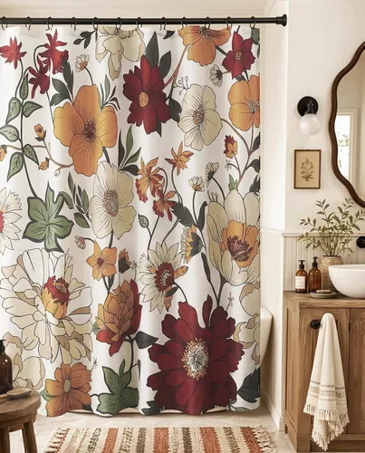 jinchan Lora - Cortina de ducha floral vintage, bohemio, colorido, beige, para baño, patrón botánico moderno, decoración del hogar, cortina de baño