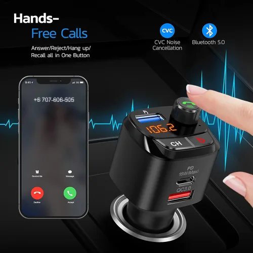 Miniatura 5 de Nulaxy Transmisor FM Bluetooth 5.0 para automóvil, QC3.0 y USB-C PD 18 W, adaptador de radio Bluetooth inalámbrico, reproductor de música, kit