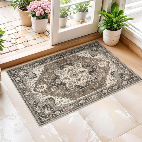 Miniatura 2 de Alfombra lavable para entrada de 2x3 pies - Alfombra pequeña de entrada vintage desgastada oriental antideslizante que no suelta pelusa, suave