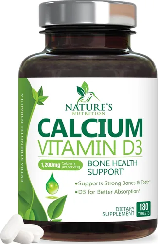 Suplemento de calcio con vitamina D3-1200 mg de calcio por porción con D3 para una mejor absorción - Apoya la salud inmunológica, huesos y dientes -