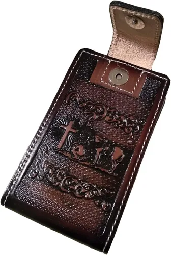 Miniatura 2 de Western autentic Tooled Leather Mexican Cell Phone Case for Belt. Men and Horse Pray Design. con cierre magnético. Tamaño universal (marrón)