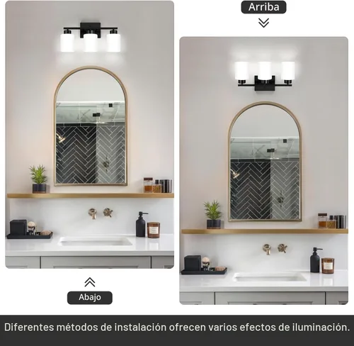 Miniatura 4 de FonmYim Lámpara de baño negra, lámpara de tocador moderna de 3 luces sobre espejo, apliques de pared con pantallas de vidrio esmerilado blanco