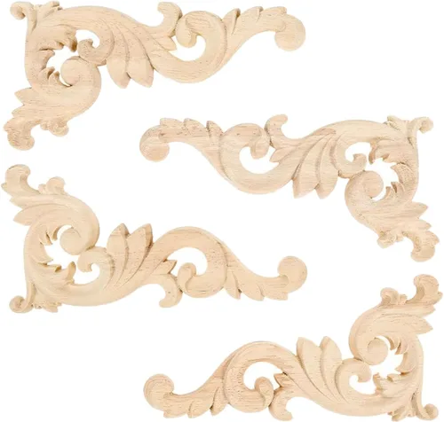 Miniatura 8 de MUXSAM Apliques tallados en madera, 1 par de pequeñas tallas de madera sin pintar, placas decorativas de esquina para espejos, paredes, puertas
