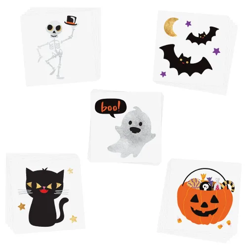 Miniatura 3 de Flash Tattoos Bonito juego de 25 piezas surtidas inspiradas en Halloween, impermeables, metálicas, de oro y plata, tatuajes temporales de papel