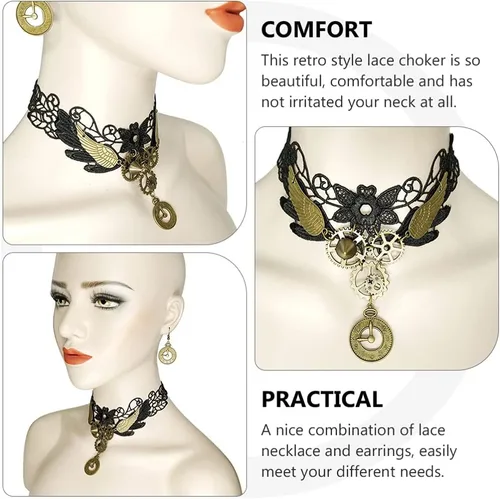 Miniatura 4 de Generic Gargantilla de encaje gótico, aretes vintage, collar steampunk, gargantilla de engranaje, accesorios de disfraz para mujeres y niñas, 3