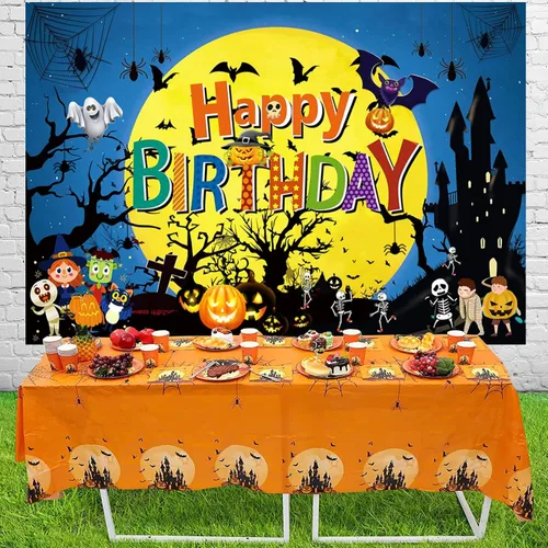 Miniatura 4 de Sensfun Telón de fondo de cumpleaños de Feliz Halloween, Luna Noche, Calabaza, Fondo de cumpleaños, Castillo Fantasma, Telón de fondo de Halloween