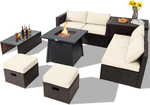 Miniatura 13 de Tangkula Juego de muebles de patio de 9 piezas con mesa para fogata de propano de 30 pulgadas, juego de sofá modular de mimbre de polietileno