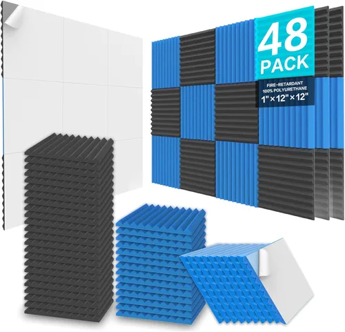 Miniatura 25 de JBER - Paquete de 12 paneles acústicos de espuma para pared de estudio, acolchonados, insonorizados, ignífugos, de 1 x 12 x 12 pulgadas Negro No