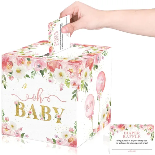 Miniatura 8 de Pajean Juego de 50 boletos y cajas para rifas de pañales florales, flores de acuarela, consejos y deseos para los futuros padres, accesorio