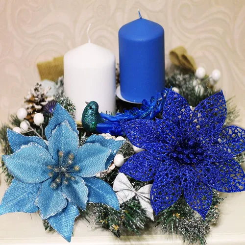 Miniatura 8 de Winlyn Púas de flores de Pascua de Navidad de 3 estilos, adornos para árbol de Navidad y 12 yardas, cinta decorativa con alambre para árbol de Azul