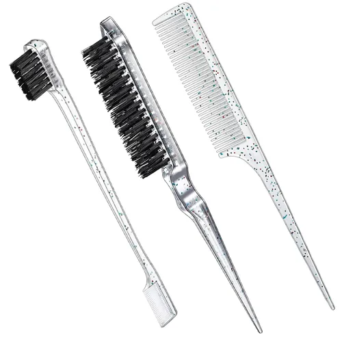 Miniatura 8 de Geiserailie Juego de 3 Cepillos para Cabello Slick Back, Cepillo de Cerdas, Control de Bordes, Peine Desenredante para Cabello Negro de Mujeres Rosa