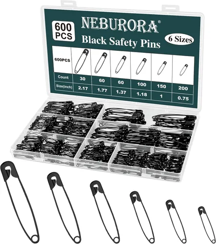 NEBURORA 600 pines de seguridad negros de varios tamaños, pasadores de seguridad pequeños y grandes para ropa, hogar, escuela, oficina, costura,