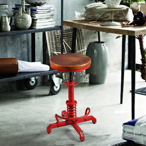 Miniatura 6 de Topower Industrial Retro Vintage Farm Asiento de madera Tractor Taburete Cocina Giratorio Altura Ajustable Taburete de bar Rojo Antiguo