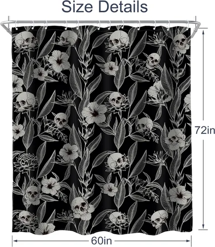 Miniatura 6 de AMBZEK Cortina de ducha con diseño floral de calavera gótica, 60 pulgadas de ancho x 72 pulgadas de largo, para hombre, esqueleto gótico