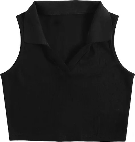 SheIn Camiseta corta sin mangas con cuello de solapa para mujer, cuello en V, punto acanalado, color liso, básica, color negro, talla L, Negro -