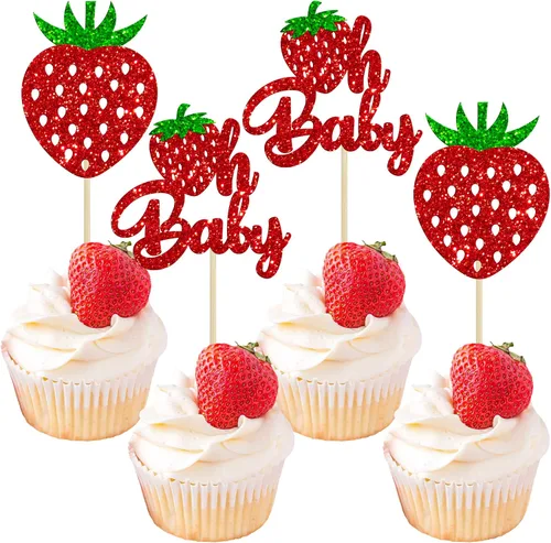 24 piezas de decoración de cupcakes con purpurina de fresa Oh Baby con temática de frutas, baby shower, para revelación de género, baby shower, D