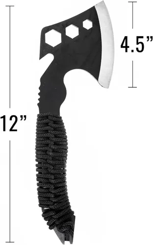 Miniatura 4 de ASR Outdoor Hacha de acero de espiga completa de 12 pulgadas con gancho de tripa, agujeros hexagonales, mango y funda de paracaídas, color negro