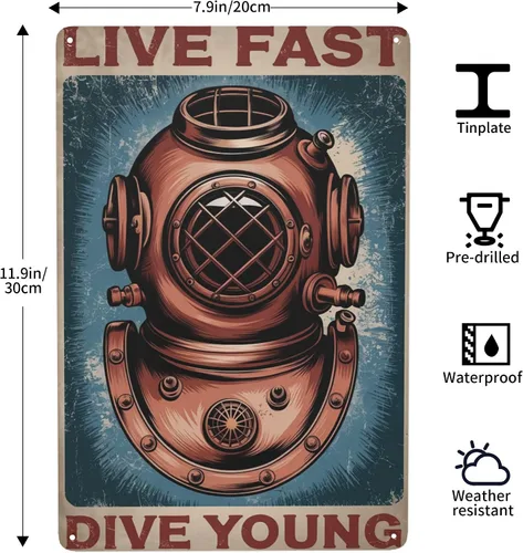 Miniatura 3 de Placa de pared retro para buceo, arte metálico de 8 x 12 pulgadas, diseño de aventura oceánica para casa de playa, sala de piscina y decoración