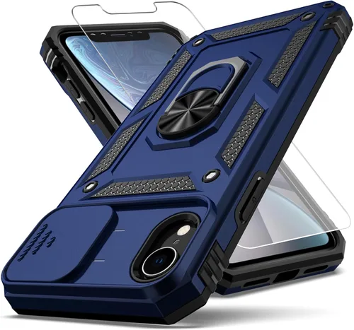 Miniatura 9 de Funda para iPhone XR, cubierta de lente de cámara deslizante integrada+soporte de anillo de dedo+protector de pantalla, funda protectora de cuerpo