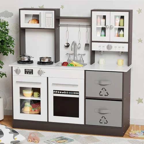 Miniatura 9 de MAMIZO Cocina de juego para niños, cocina de juguete de simulación de madera, juego de cocina Toodler, estufa con luz y sonido, fregadero, Blanco